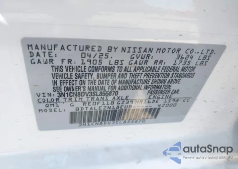 2025 Nissan Versa 1.6 S z USA, uszkodzony, nr VIN 3N1CN8DV3SL855870